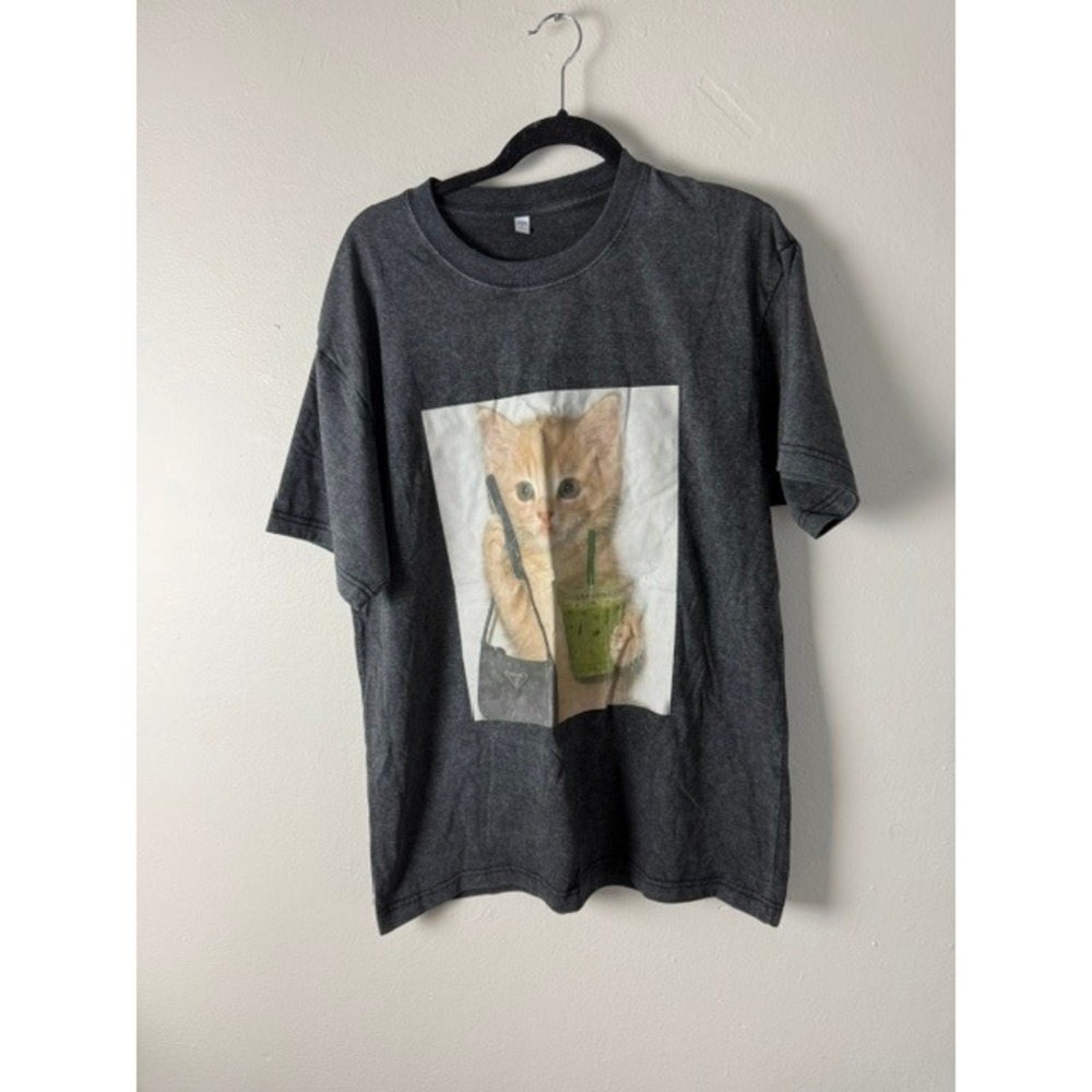 Kitten Matcha Latte Graphic T-Shirt Charcoal Gray Acid Wash Streetwear Tee L
